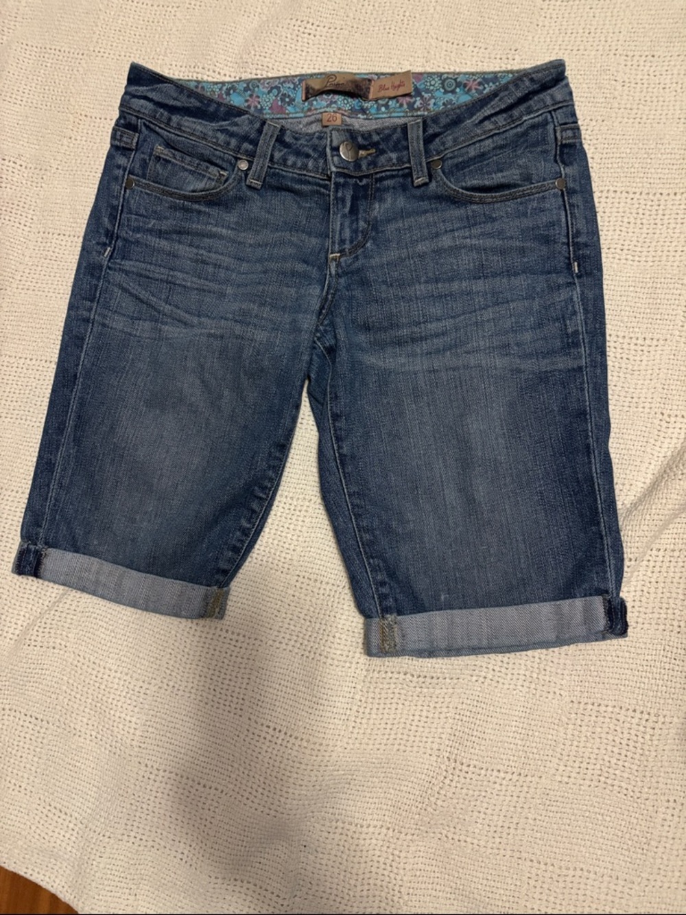 PAIGE Floral-Trim Dark Wash Denim Shorts